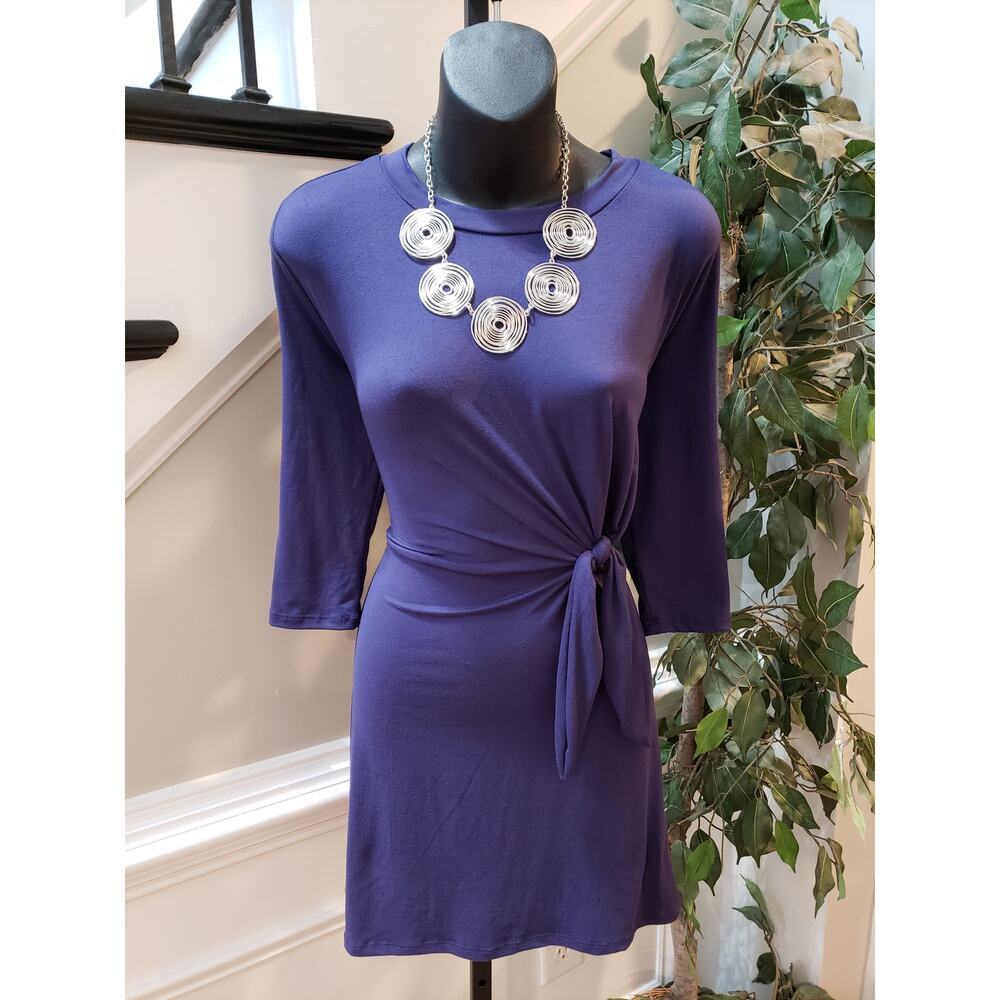 Jun Ivy Dress Pullover Boat Neck Women Size S Blue Midi Draped Jersey Stretch